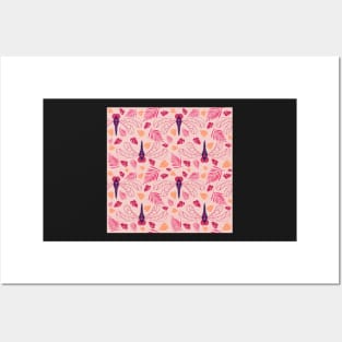 Red Dragonfly and Orange Leaf Pattern on Pink Posters and Art